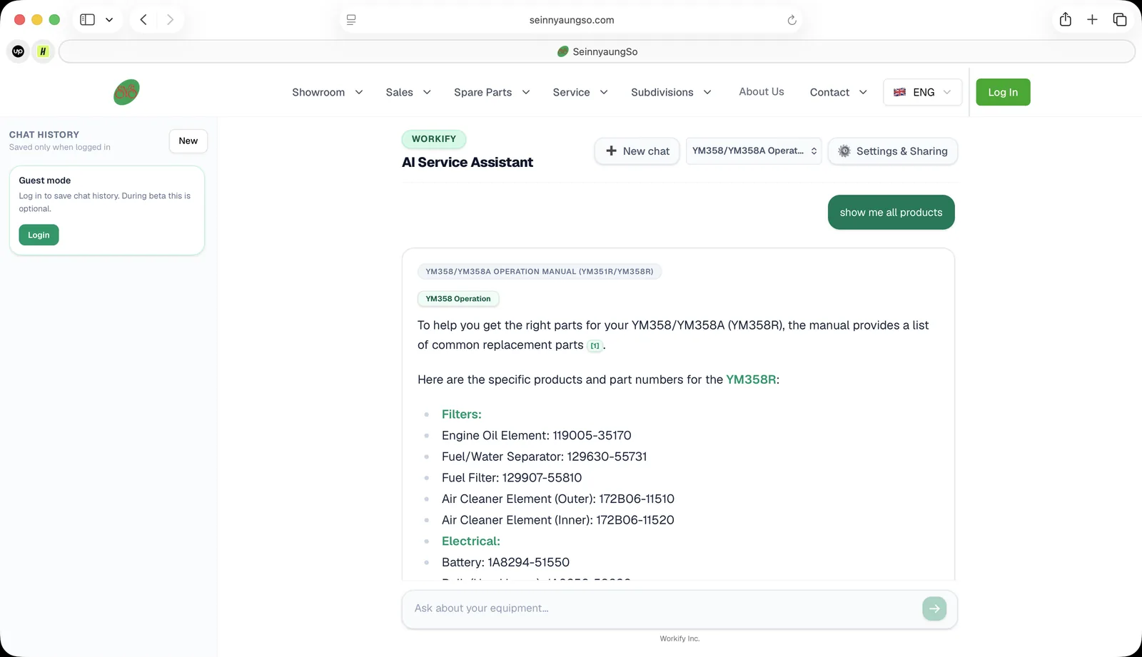AI Service Assistant answering from a tractor manual